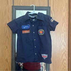 Disney Cars Navy Blue Button Down Shirt with Racing Patches